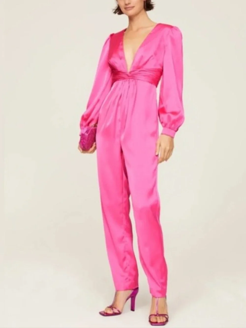 NWT Mac Duggal Fuschia Pink Satin Plunge Neck Puff Sleeve Jumpsuit